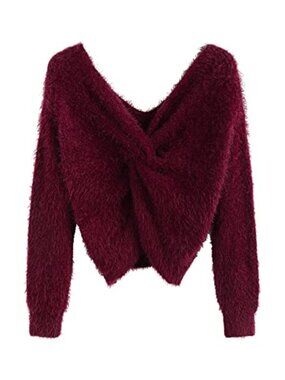 Women's V-Neck Criss Cross Twisted Back Pullover Knitted Sweater Jumper